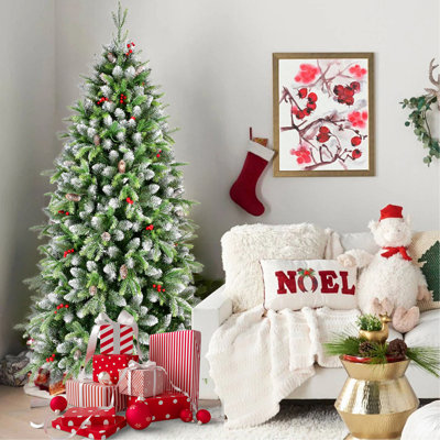 Arbre de Noël artificiel illuminé 6 pi avec 380 lumières DEL blanc chaud, 1264 pointes, verdure givrée avec baies rouges et pommes de pin naturelles, arbre de Noël complet avec support en métal robuste pour la décoration intérieure