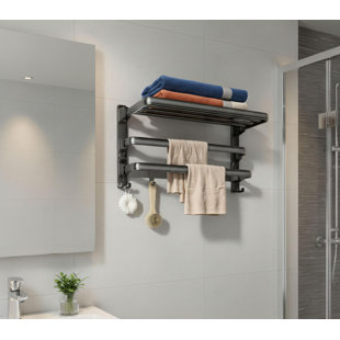 Matte Black Wall-Mounted Foldable Towel Rack, Bathroom/Washroom Only, Includes 2 Towel Bars + 7 Hooks, Multi-Functional Storage And Organization Rack.