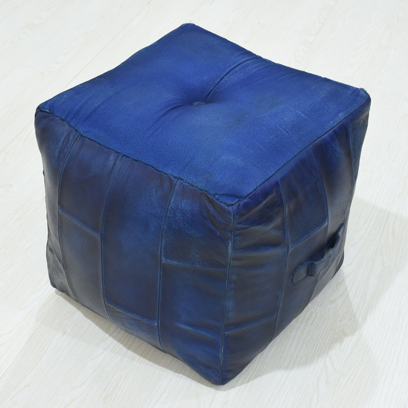 Solid Handmade Buffalo Leather Square Pouf (Recycled Foam With Fibre Fill), Blue Genuine Leather, 16" H x 16" W x 16" D