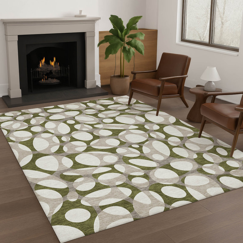 Tapis abstrait lavable à la machine intérieur / extérieur ACN2536, Olive, Rectangle 2 pi 6 po x 3 pi 10 po