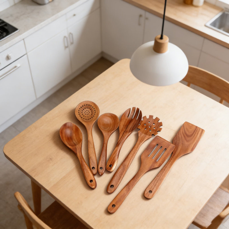Ensemble d'ustensiles de cuisine en bois de teck de qualité supérieure, outils de cuisson anti-égratignures 7 pièces avec spatule, spatule fendue, cuillère d'écumoire, cuillère à pâtes, fourchette à salade et cuillères pour batterie de cuisine antiadhésive, sans BPA