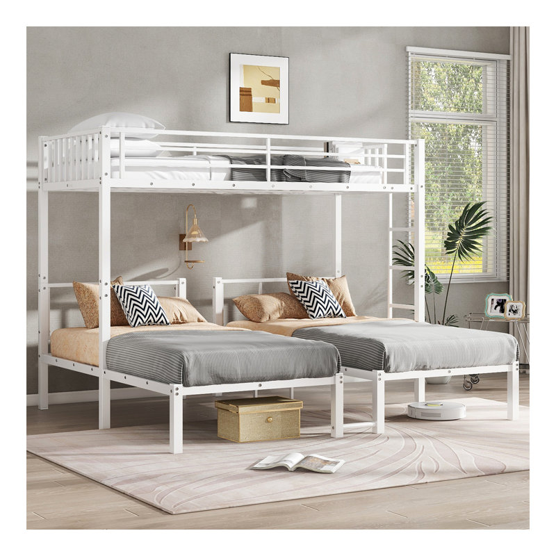 Lits simples superposés pour 3 personnes, lits superposés simples, lits superposés en métal, blanc