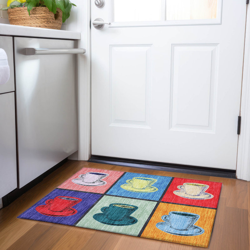 Red Rectangular Synthetic Washable Kitchen Rug with Coffee Mug Design