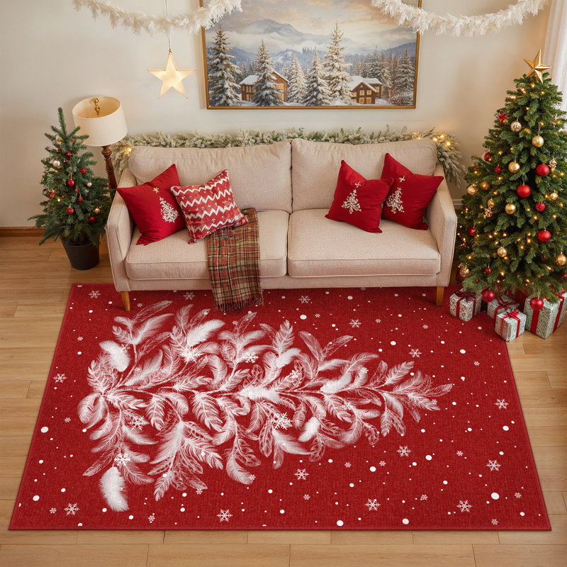 Velora Christmas Decorative Washable Area Rug With Non-Slip Backing in Red, Rectangle 4' x 6'