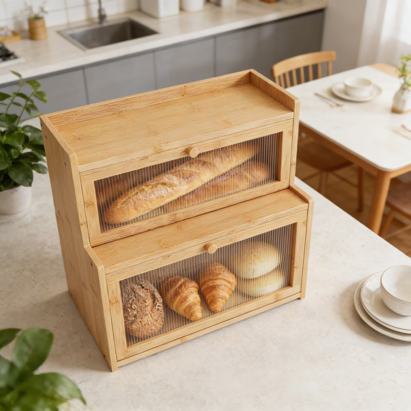 Double Layer Bamboo Bread Box With Viewing Window, Countertop Storage For Bread, Pastries, And Kitchen Essentials