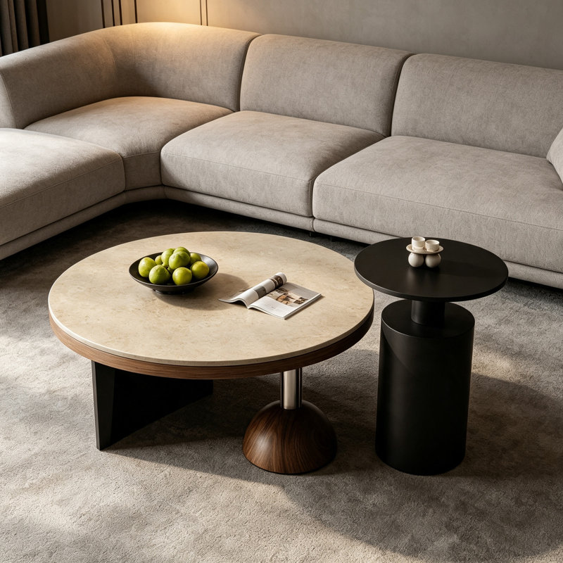 Table basse Minimalist, H 12,59 po x l 31,49 po x P 31,49 po, Sable / Noir, Marbre
