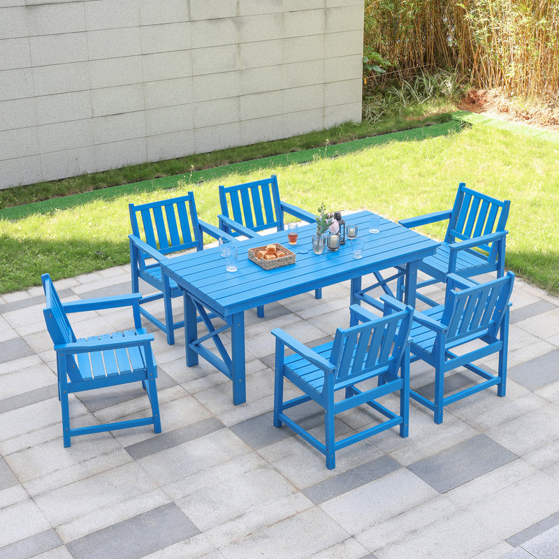 7 Pieces HDPE Outdoor Dining Set, Patio Dining Set With Umbrella Hole, All Weather Outdoor Dining Table Sets For 6, HDPE Patio Furniture Sets For Deck, Backyard, Lawn, And Poolside