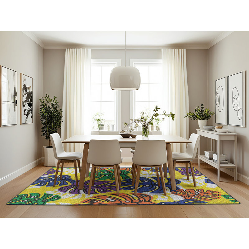 Tapis jaune / bleu à motif floral Crepeau, Rectangle 7 pi x 10 pi