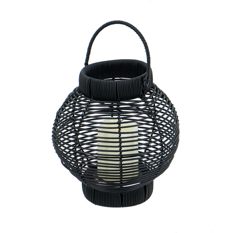 8.7X8.7X9.8" Black Poly Rattan Lantern With White LED Candle