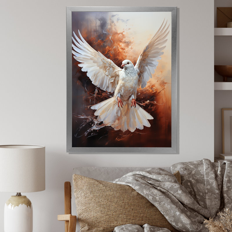 Colombe de la sérénité sur toile, Cadre simple argenté, H 32 po x l 24 po x P 1 po