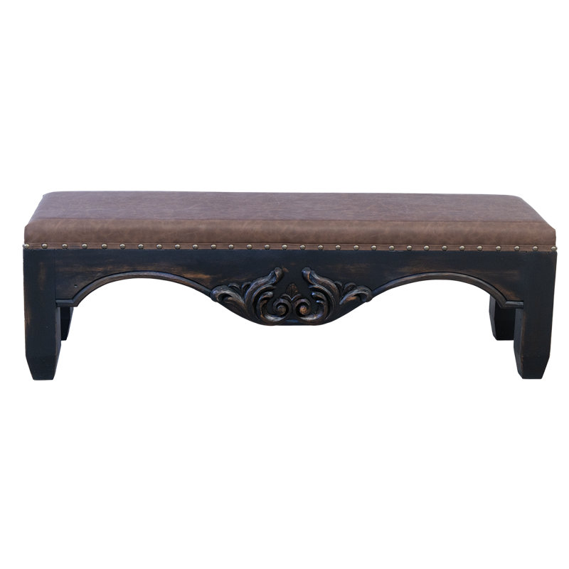 Banc rembourré en bois sculpté et cuir