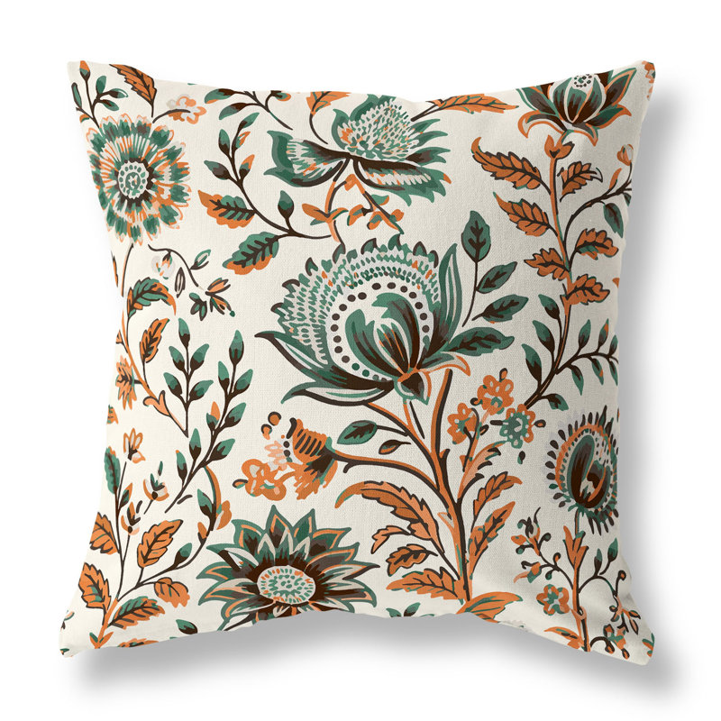 Orange and Teal Floral Faux Suede Square Throw Pillow