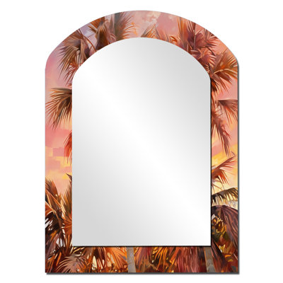 Rose Radiance Sunset Palm Trees I - miroir mural arche rose, miroir décoratif asymétrique traditionnel, impression d'art en métal