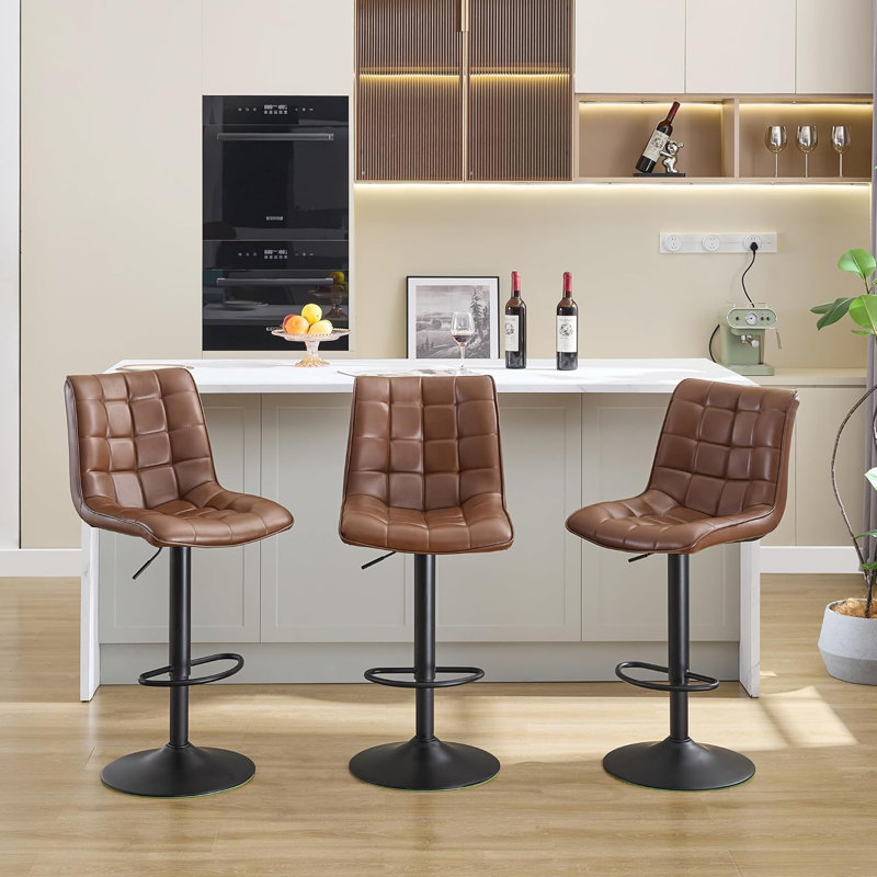 Swivel Upholstered Adjustable Height Counter Bar Stool with Backs for Kitchen Island, 3, Brown