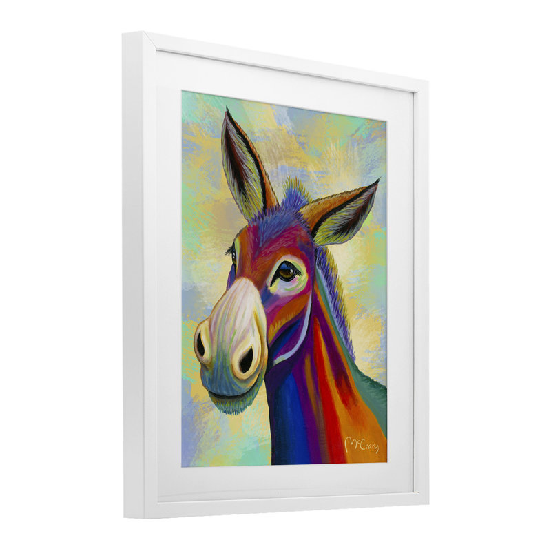 «Vibrant Donkey Expression», reproduction sous verre encadrée, design par Mike McClery, H 21 po x l 17 po, Cadre blanc côtier