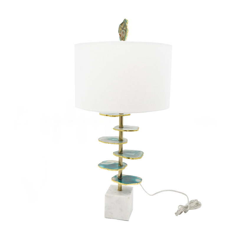 15x29.5" Blue and White Agate Slice Table Lamp with Marble Base, Green, Ivory