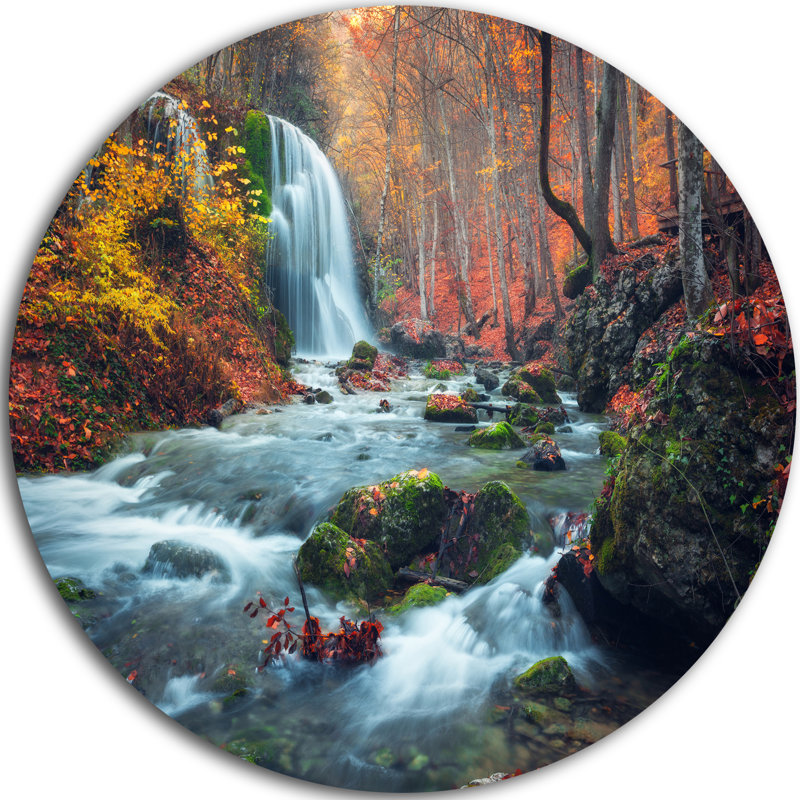 « automne mountain cascade long view », reproduction de photo sur métal, H 23 po x l 23 po x P 1 po