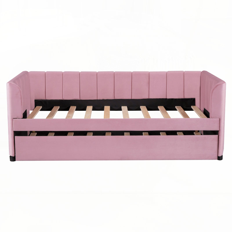 Nadwa Twin Size Upholstered Daybed with Ergonomic Design Backrest and Trundle, Pink