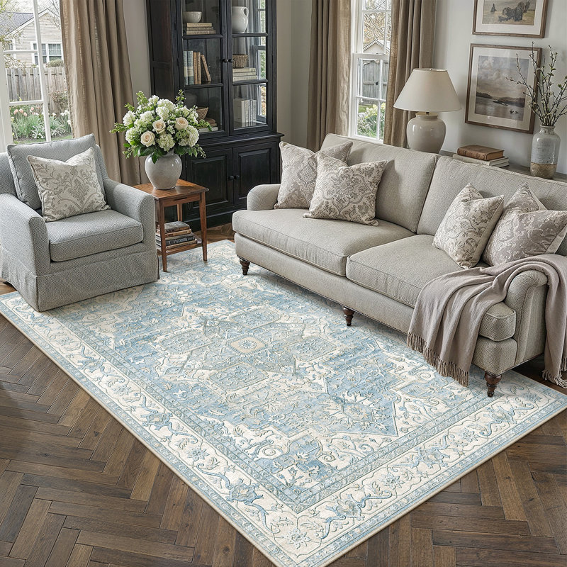Tapis oriental lavable avec envers antidérapant Emery, Bleu, Rectangle 5 pi x 7 pi