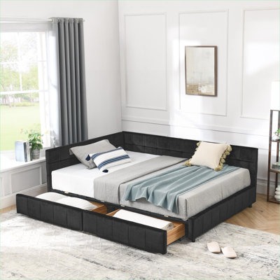 Dual Function Full Size Tufted Platform Bed Mid-Century Upholstered Velvet Matte Black for Bedroom and Living Room