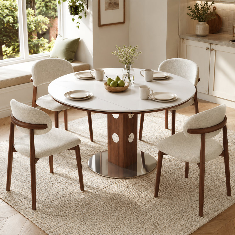 Table de salle à manger ronde extensible 47,2 pouces pour 4 à 6 personnes, table de cuisine pliante avec abattant, plateau en pierre frittée blanche, colonne en bois de noyer et base en métal pour petits appartements et salles à manger