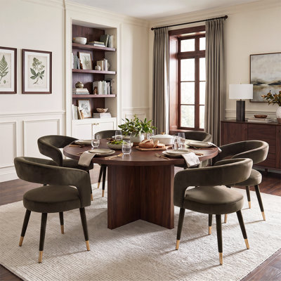 Ensemble de table de salle à manger ronde en placage de bois de 60 pouces avec 6 fauteuils à dossier arrondi en velours