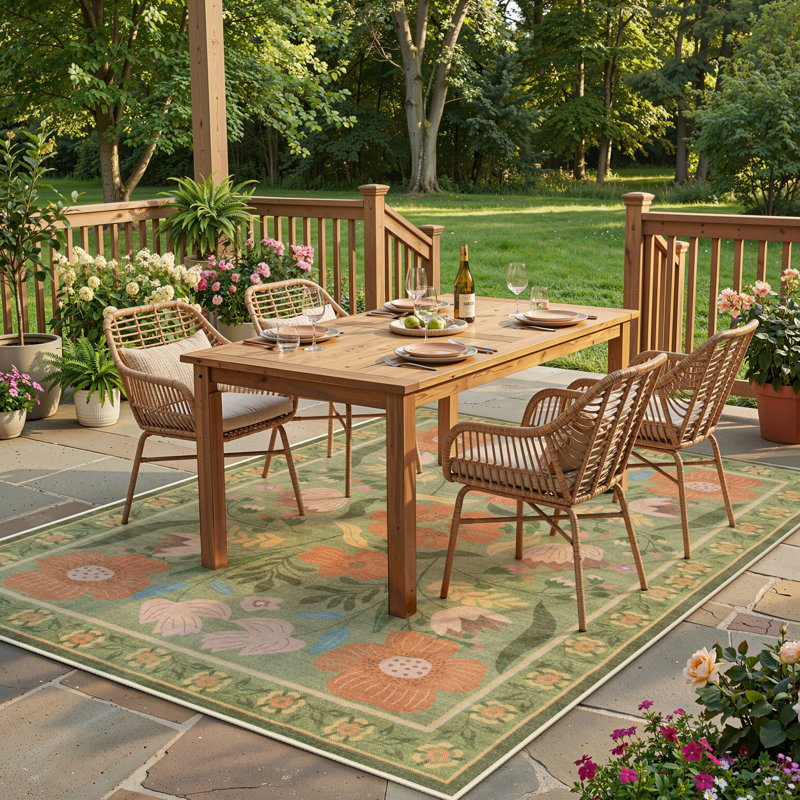 Washable American Countryside Floral  6X9 Green Outdoor Rug, Non Slip Quick-Dry Mesh Rug for Patio Deck Backyard, Green