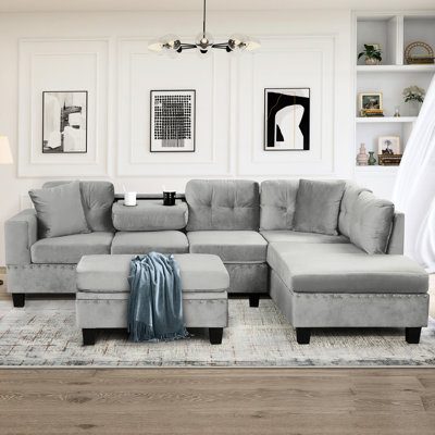 Canapé modulaire de 105 po avec rangement et méridienne réversible, canapé en L gris avec 2 porte-gobelets, idéal pour un appartement, sièges en mousse confortables, plusieurs espaces intérieurs convenables, sièges à ressorts ensachés,