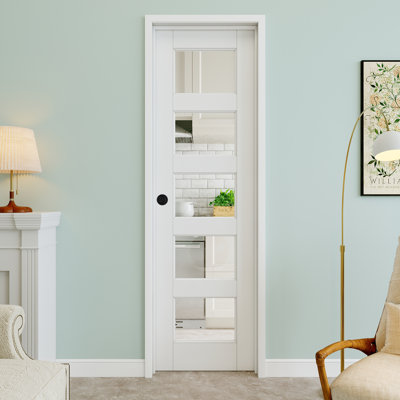 Porte pré-suspendue en verre transparent 24 po x 80 po à 5 lumières avec bouton rond et charnières noires, dalle de porte en verre transparent, peint et imperméable, combinaison pour la lessive, portes de placard, portes de pièce, droite