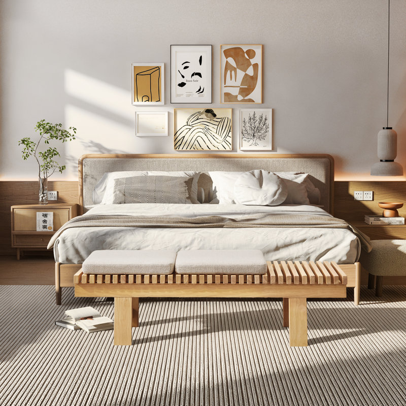 Okoboji 59.5" Mid-Century Solid Wood Slatted Bench with 2 Removable Cushions, Natural