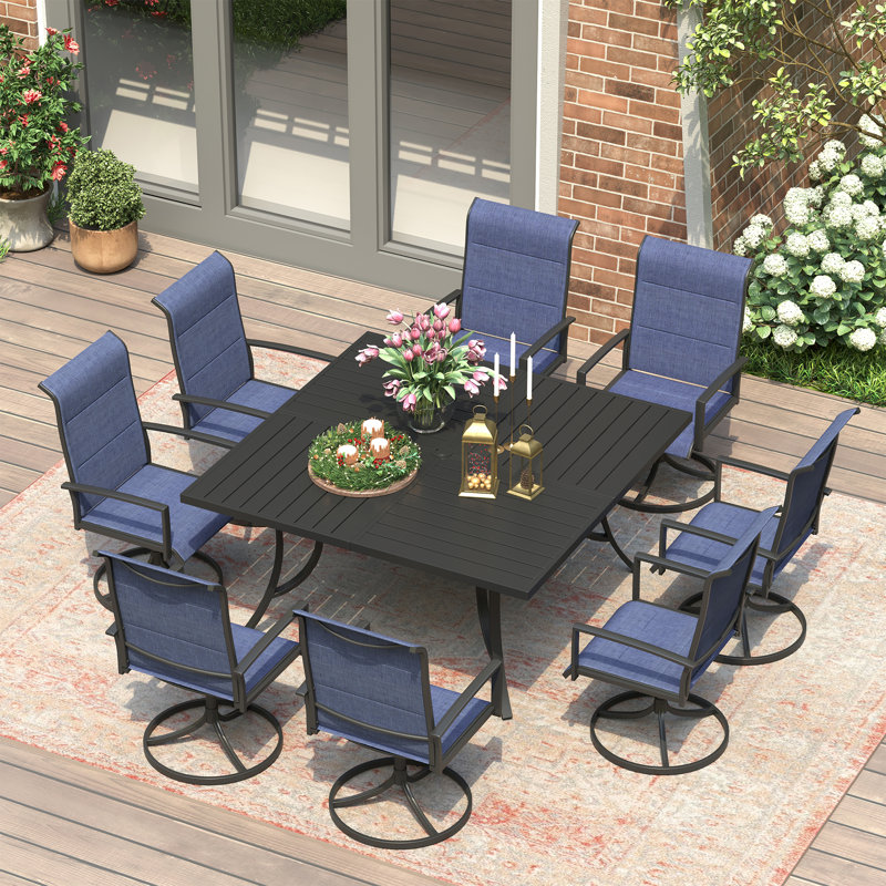 Patio Dining Set with 8 Padded Swivel Dining Chairs and 59" Square Dining Table, Black/Navy