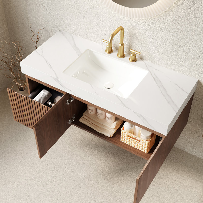 Meuble-lavabo en pierre frittée blanche 48 po, chêne brun, lavabo en céramique avec 3 trous de robinet, armoire de rangement en contreplaqué flottant, tiroir, portes, pré-assemblé, glissières de tiroir encastrées et fermeture en douceur