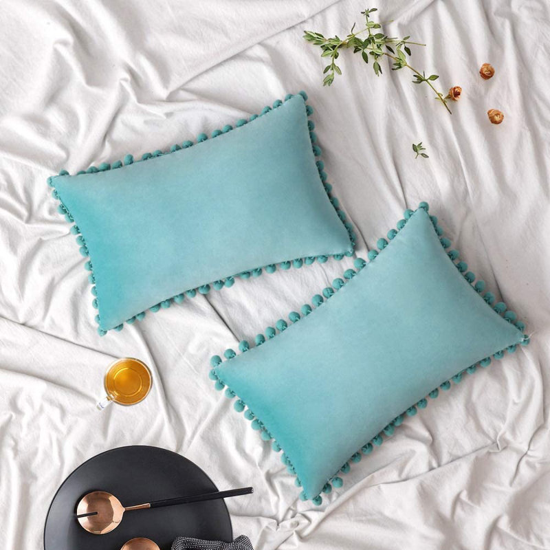 Pom Pom Velvet Velvet Reversible Pillow Cover, Marine