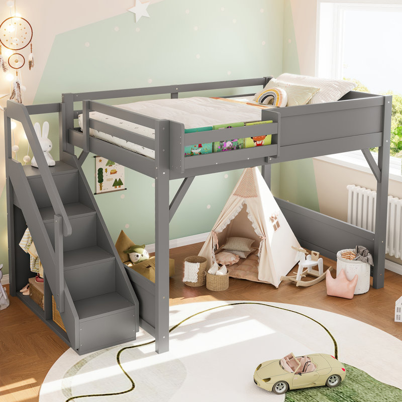 Full Size Loft Bed with Built-in Wardrobe, Storage, Solid Wood, Guardrails, Stairs – No Box Spring,  Gray, Gray, Full