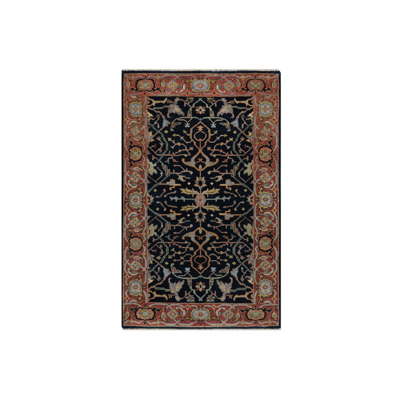 Tapis oriental rectangulaire bleu en laine noué à la main 3 pi 3 po x 5 pi 3 po - MOA10291373