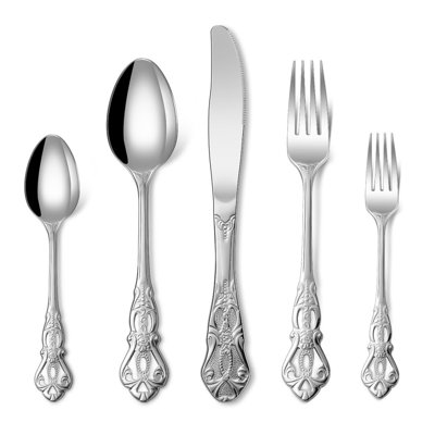 Ensemble de couverts 20 pièces en acier inoxydable avec motif en relief et ajouré, couteau à steak élégant et cuillère à dessert pour un repas formel et un restaurant