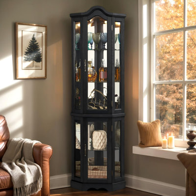 70.5" Arched Corner Curio Cabinet, Wooden China Cabinet with Adjustable Glass Shelves, Lighted Glass Display Cabinet Include Light Bulb, Rack for Living Room, Kitchen With E26 Bulb