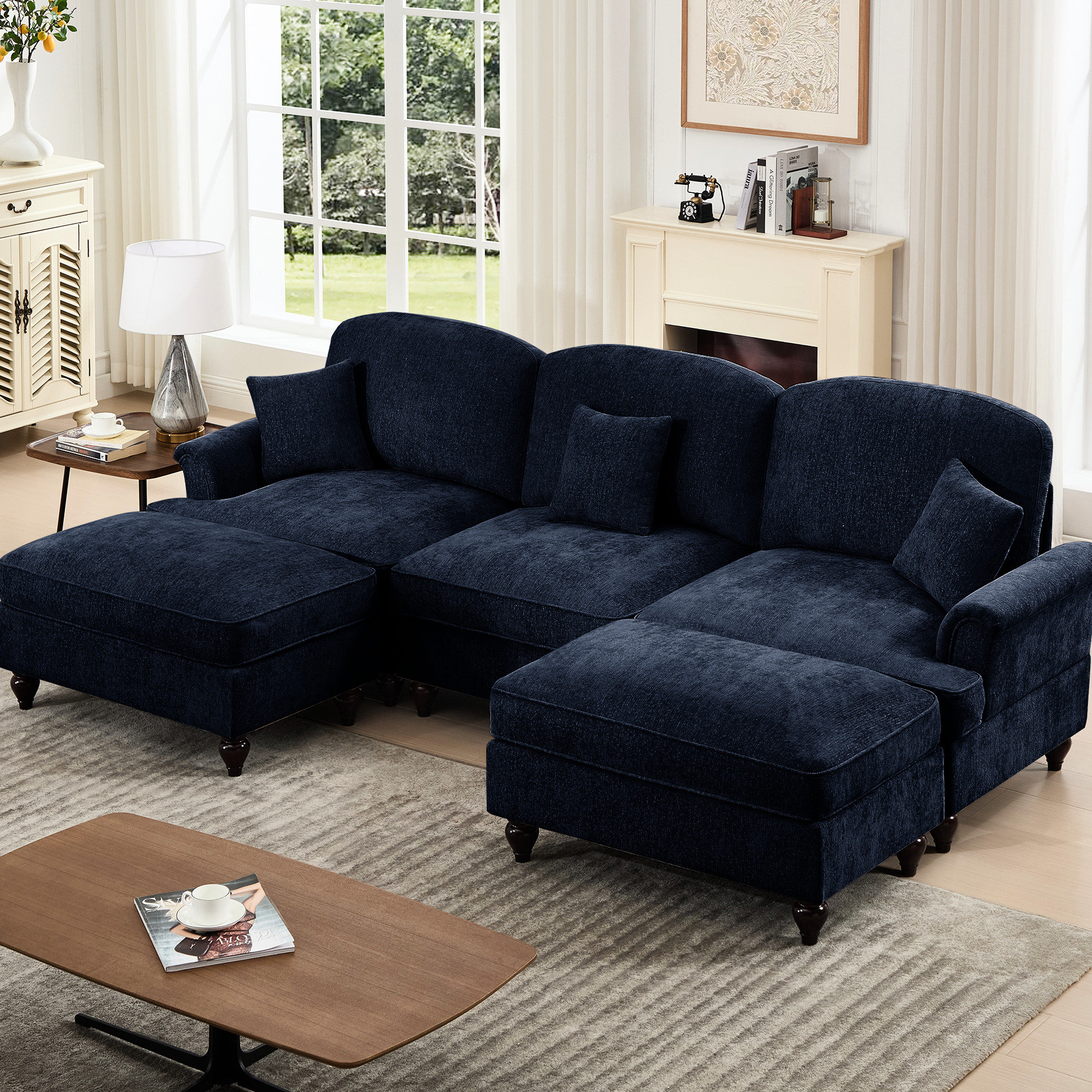 Rosdorf Park Classic Blue Modular U Shape Sectional Couch With Curved ...
