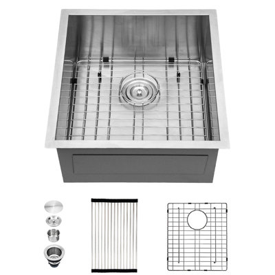 Évier de cuisine encastré de 13 x 15 pouces - Profondeur de 9 pouces, acier inoxydable, revêtement anticondensation, avec grille à vaisselle, cuve profonde en acier, surface, coussinet antibruit, guide d'installation