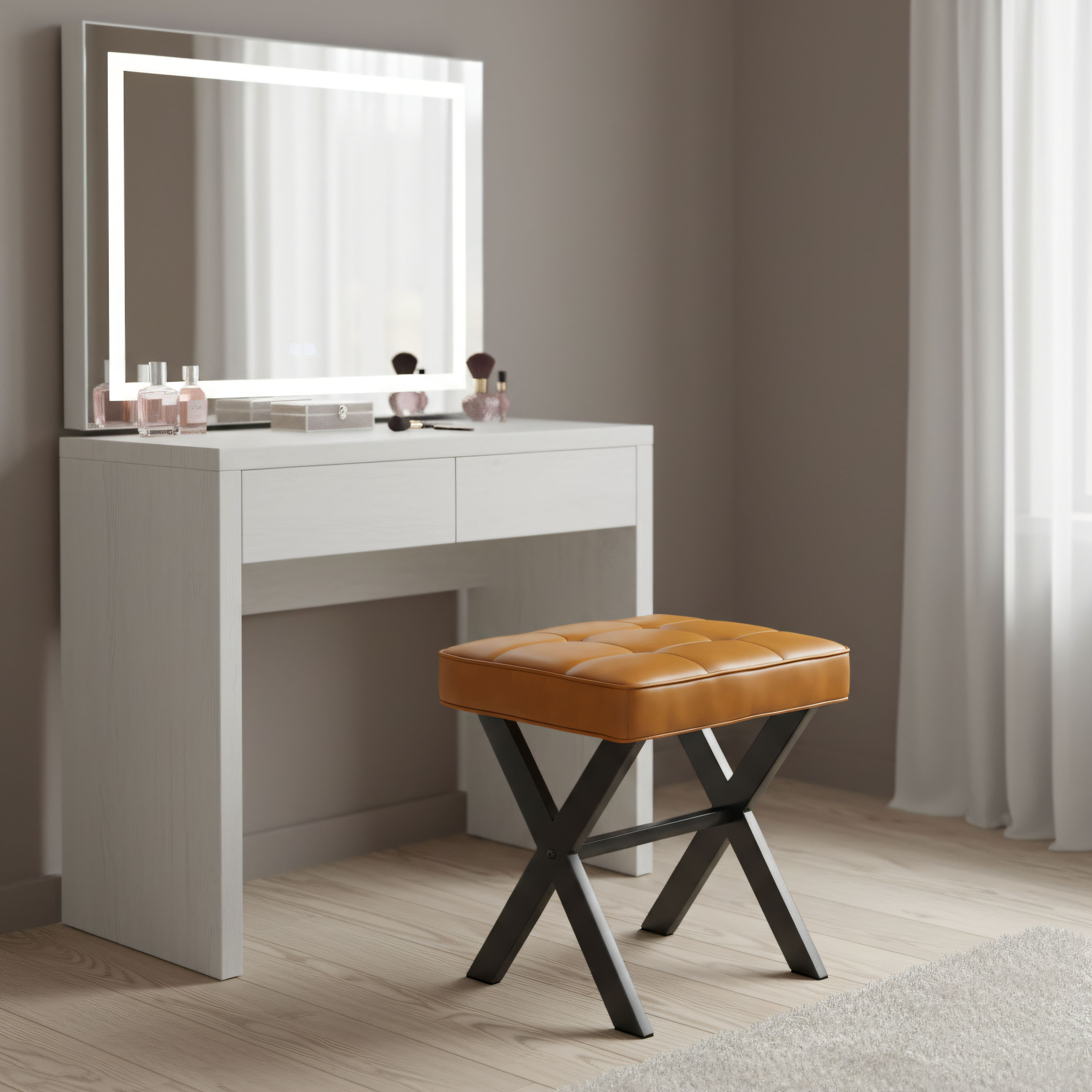 Corrigan Studio Modern Style Whiskey Brown Dressing Stool With X-Shaped ...