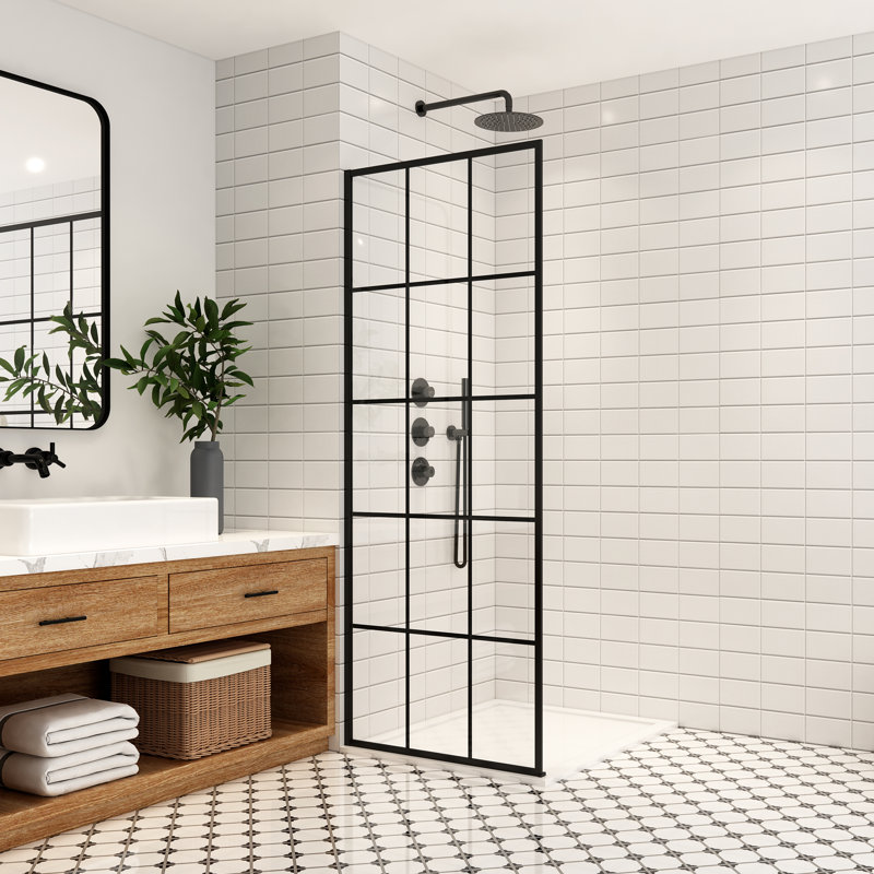 Puente 34" W x 78" H Fixed Single Panel Shower Door in Matte Black with Clear Glass