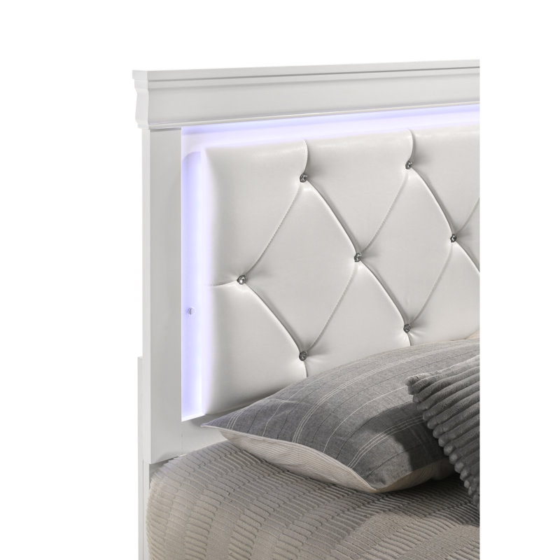 Ensemble de chambre à coucher capitonnée 5 pièces à DEL avec bois 5 pièces, Grand lit, Blanc