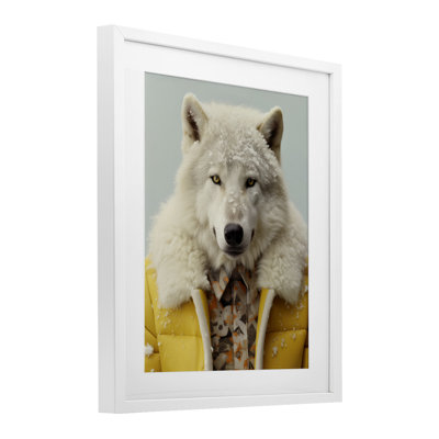 Snow Wolf Yellow Jacket Framed Print Under Glass, design by Ray Powers