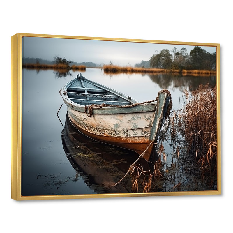 «Coastal Boat Charm In Autumn» - art mural bateau côtier, H 12 po x l 20 po x P 1 po, Cadre flottant doré