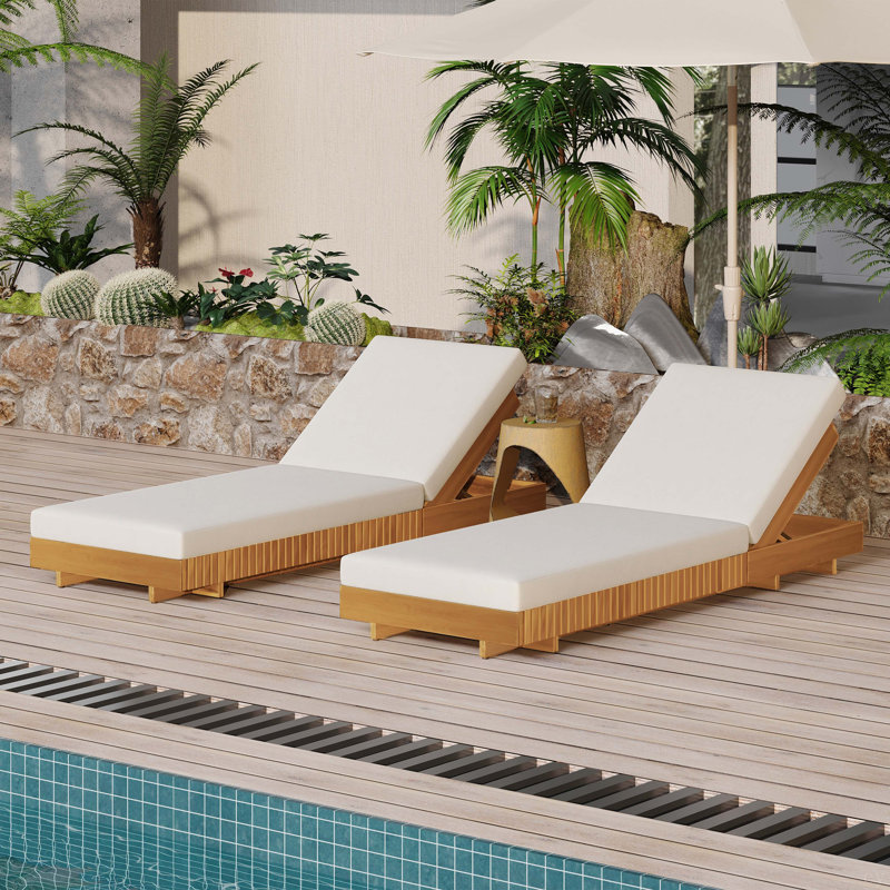 Lounge Chaise, Acacia Solid Wood With Lounge Cushion - Matching Version Available, Light Teak, Cream