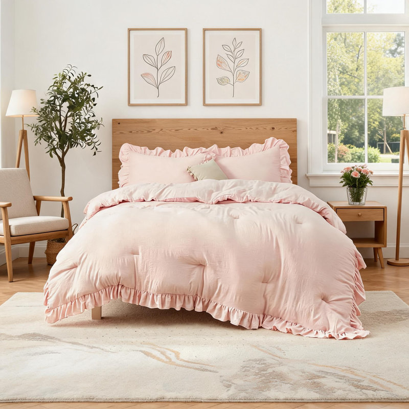 Ensemble de couette à volants avec taies d'oreiller, ensemble de literie en microfibre lavée de couleur unie, Rose