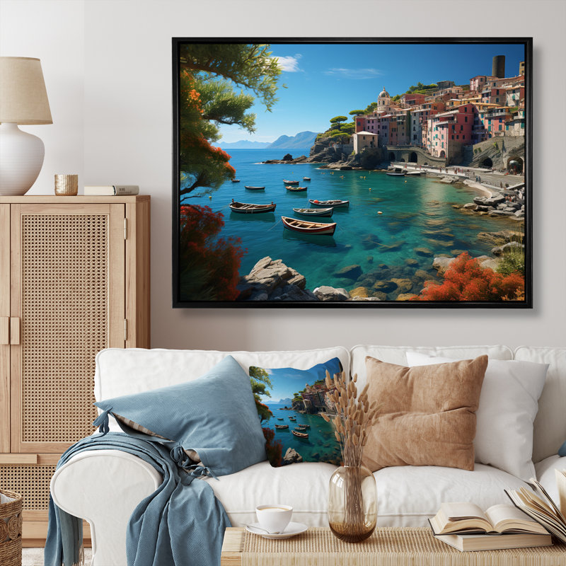 Décoration murale sarcelle Italie Cinque Terre II - paysages urbains, 16" H x 32" W, Black Picture Framed