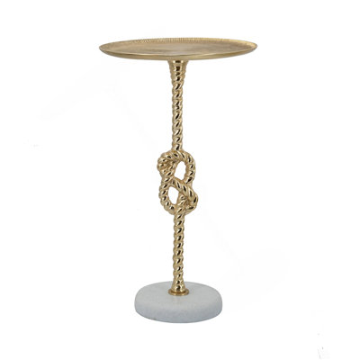 13.8X13.8X24" Gold Side Table With Rope Knot Design And White Marble Base