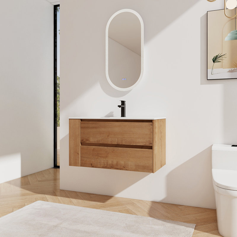 Meuble-lavabo mural 36 po avec lavabo en céramique, Imitation chêne
