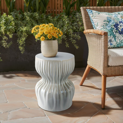 Decorative Sculptural Garden Stool for Home Decor - Round Ceramic Accent Stool for Oudoor Living Room or Backyard Plant Stand - 19", White